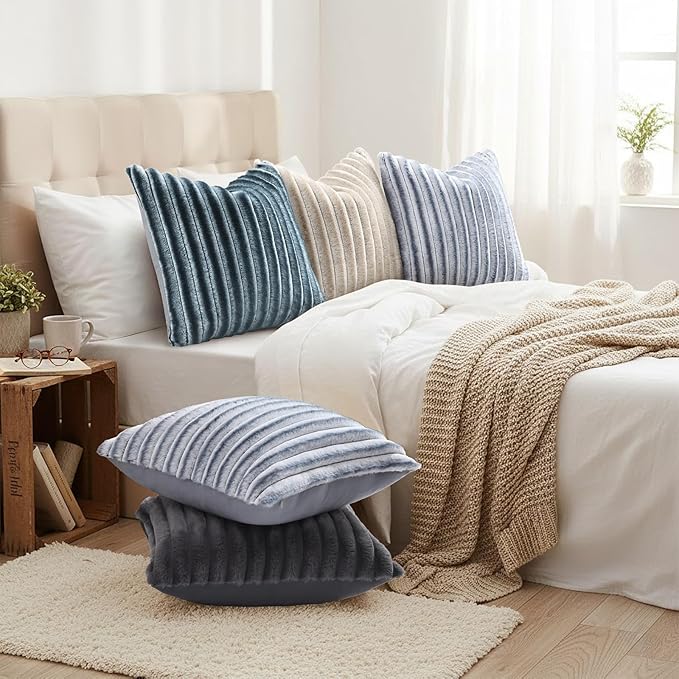 decorUhome Fall Faux Fur Throw Pillow Covers 20x20 Set of 2 Grey White | - Image 6