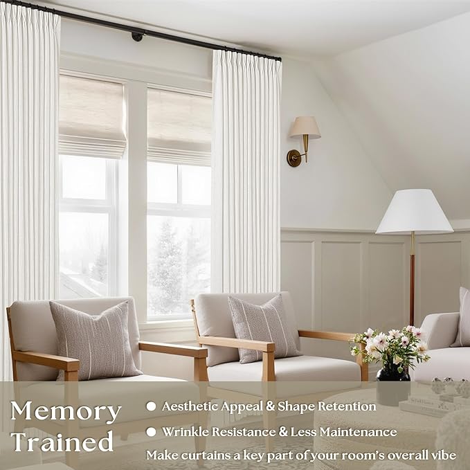 Off White Linen Pinch Pleated Curtains 80 Inches Long 2 Panels | Beige White - Image 2