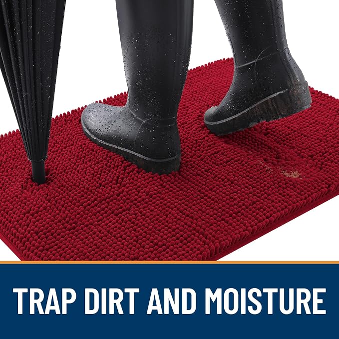 OLANLY Dog Door Mat for Muddy Paws 54x32, Super Absorbent Chenille Mud Mat | Red - Image 2