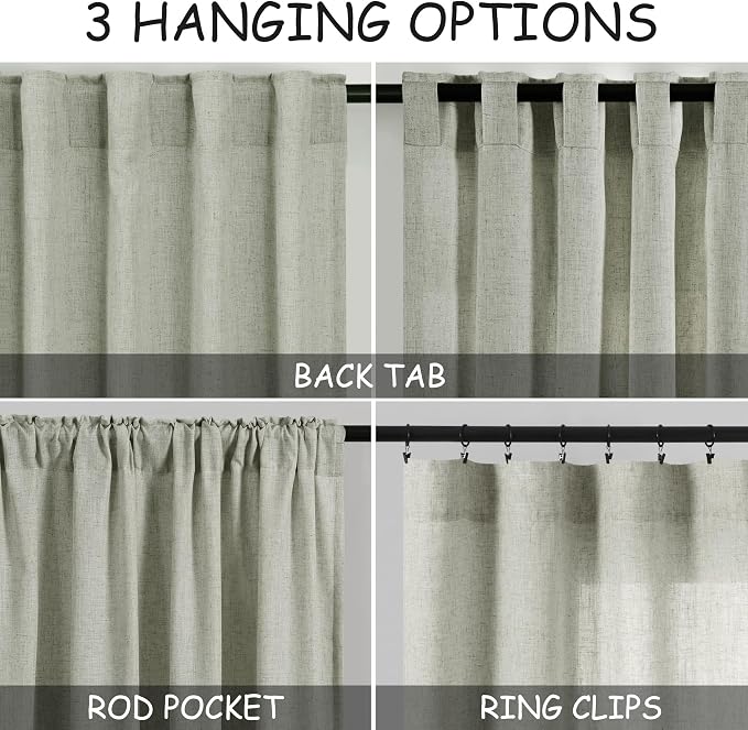 Sage Green Boho Curtains for Bedroom Back Tab Rod Pocket Semi Sheer Linen - Image 3
