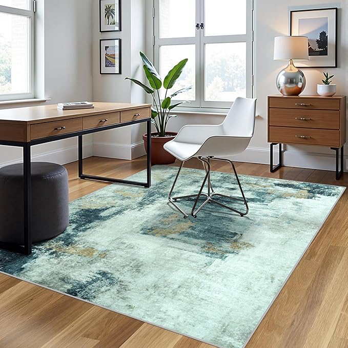 5x8 Area Rugs for Living Room Washable Bedroom Dining Room Teal Grey Gold | - Image 3