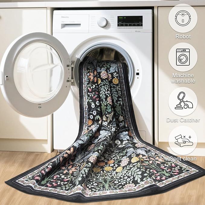 PLHXFR 2.6x10 Washable Runner Rug：Floral Indoor Kitchen Carpet Dark Black | - Image 8