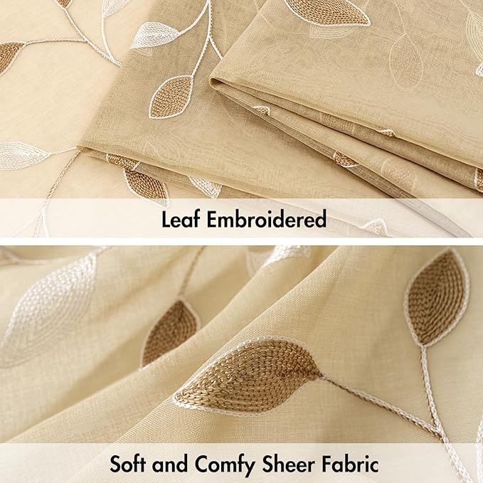 MIULEE Beige Sheer Curtains 2 Panels Embroidered Leaf Patterned, W52 x L84 | - Image 4