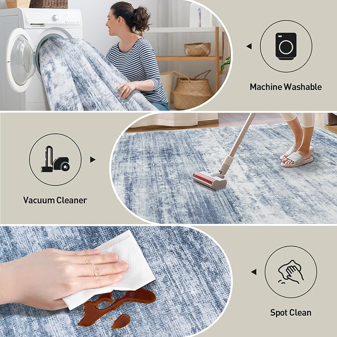 5x7 Area Rugs for Living Room: Washable Abstract Blue White Badroom Carpet | - Image 5