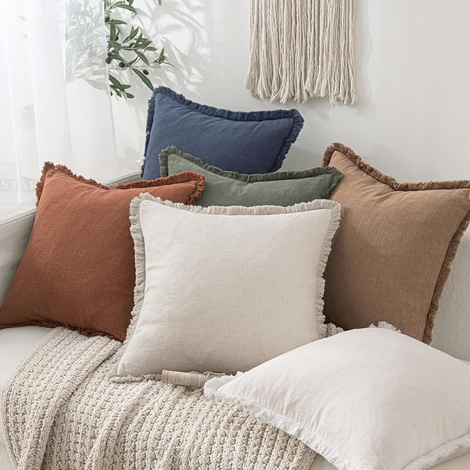 MIULEE Linen Fringe Decorative Throw Pillow Covers Natural Beige 16x16 | Set of - Image 6