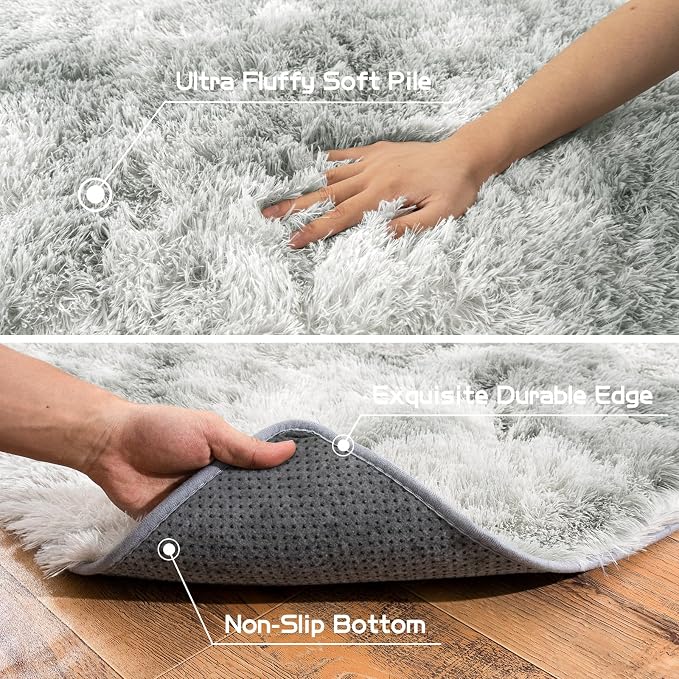 Pionblank Fluffy Runner Rugs for Bedroom 2x6, Tie Dye Grey | Modern Shaggy Area - Image 6