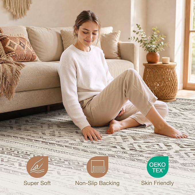 cotiled Boho 9x12 Area Rug for Living Room: Large Moroccan Washable Rug | Stain - Image 4