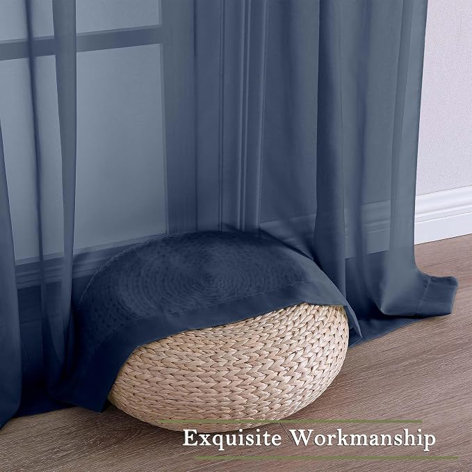 Navy Blue Sheer Curtains 96 Inches Long 2 Pcs, Light Filtering Window Curtains - Image 7