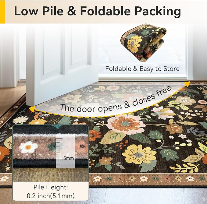 RELEANY Floral Washable 4x6 Area Rugs Black/Yellow | Flower Carpet Print Boho - Image 3