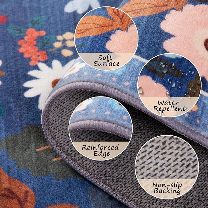 RELEANY Floral Washable Round 8ft Area Rug Blue/Grey | Flower Carpet Print Boho - Image 3