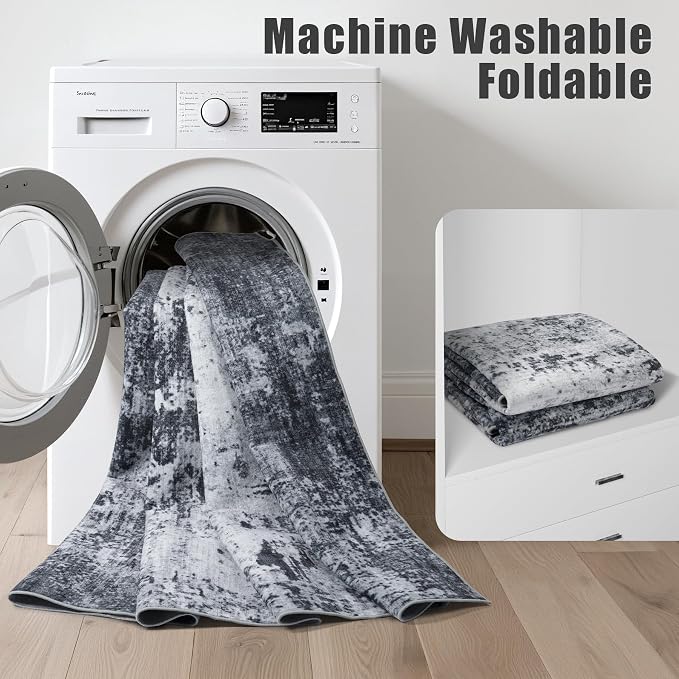 5x7 Area Rug Living Room: Modern Washable Soft Carpet Dark Black | - Image 6