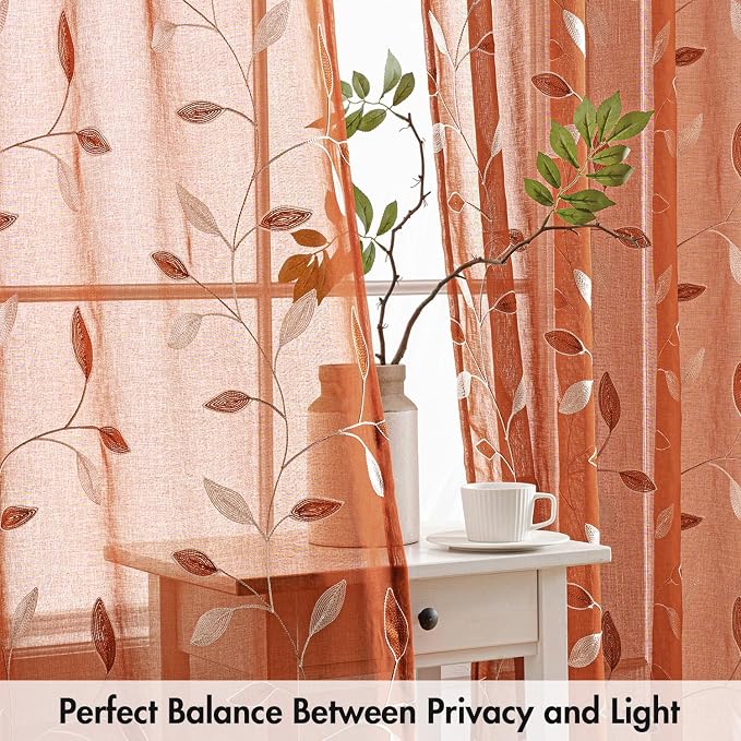 MIULEE Burnt Orange Sheer Fall Curtains 2 Panels Leaf Patterned, W52 x L96 | - Image 5