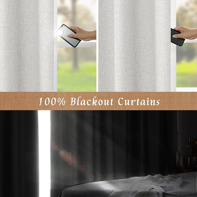 Light Grey 100% Blackout Linen Curtains 84 Inches Long 2 Panels | Linen Textured - Image 3