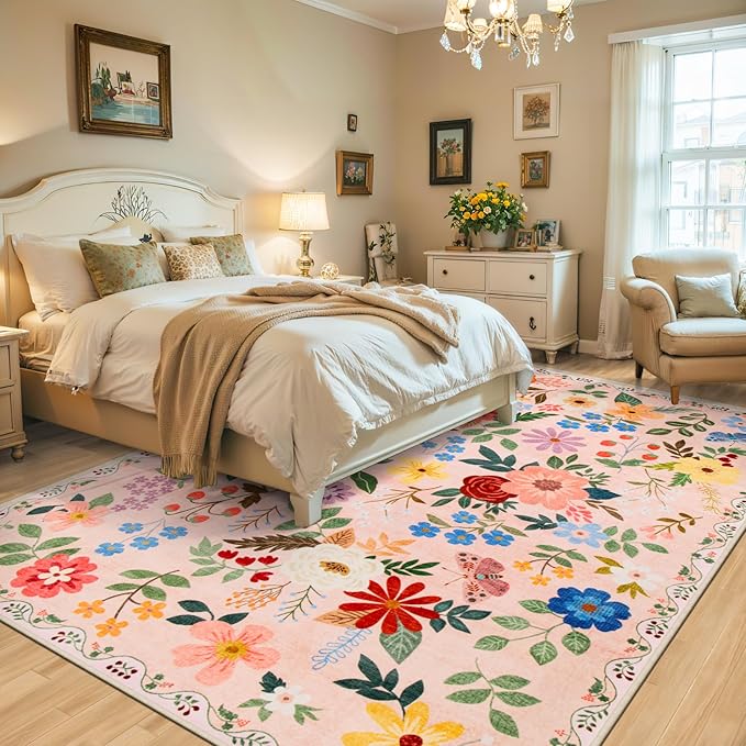 PLHXFR 6x9 Area Rug Living Room: Floral Washable Boho Soft Carpet Beige | - Image 3