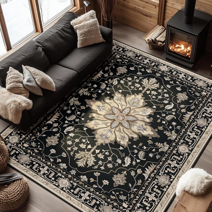 RELEANY Washable Area Rug, Water Repellent, Pet Friendly, Vintage Floral Boho by RELEANY