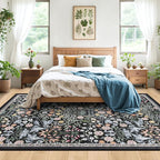PLHXFR Area Rug 10x12 Living Room: Floral Washable Boho Carpet Dark Black | - Image 3