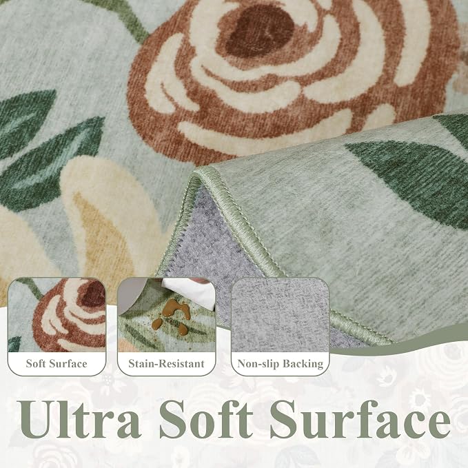DUKINO 2.6x8 Runner Rug, Floral Washable Kitchens Rug Non Slip, Sage Green | - Image 6