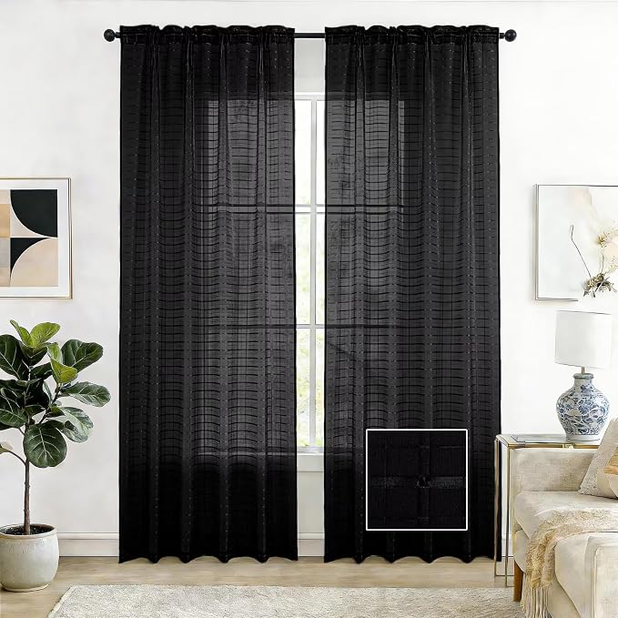 SpaceDresser Check Sheer Curtains 63 Inches Long by SpaceDresser