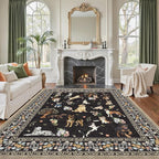 Black Floral Area Rug 9x12 for Living Room Bedroom | Low Pile; Non Slip;Machine - Image 4