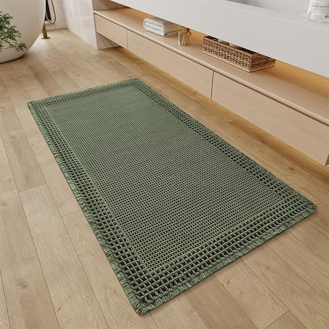 RESARE Waffle Bathroom Runner Rugs, Non Slip Boho Bath Mat 24"x48" Green | Long by Resare