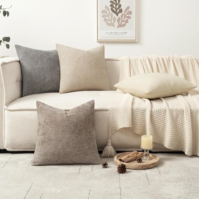 MIULEE Decorative Chenille Pillow Covers Neutral Beige 18x18 Pack of 4 | Modern - Image 5