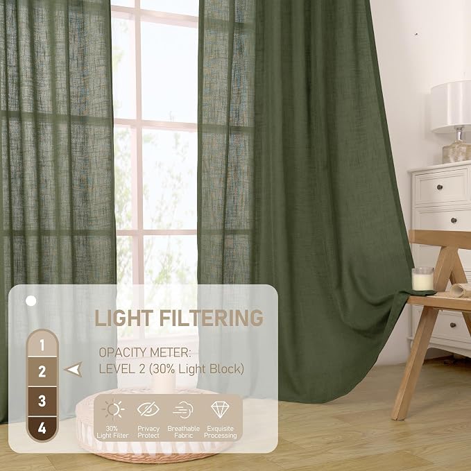 Olive Green Linen Sheer Curtains 96 Inches Long - Image 4