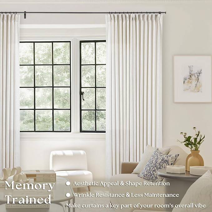 Neutral Pinch Pleated 86 Inch Curtains Semi Sheer Linen Blended, Natural | - Image 2