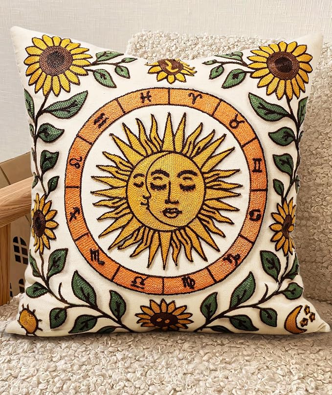 Embroidered Throw Pillow Cover 20x20 Inch, Sunflower Moon | Decorative Pillow by Kokaaee