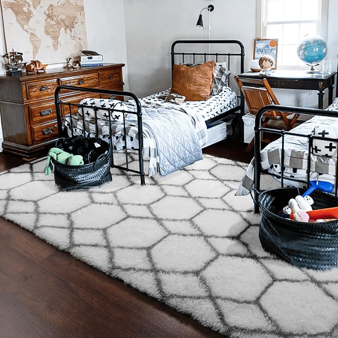 8x10 Area Rugs for Living Room, Fluffy White and Grey Geometric Bedroom Rug | - Image 8