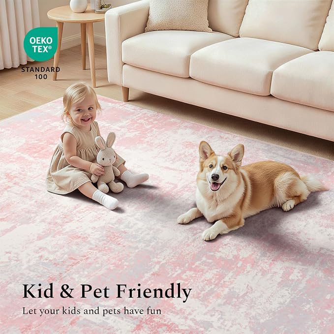 Rugflix 5x7 Area Rugs for Bedroom, Washable Pink Large Rug | Machine Washable; - Image 6