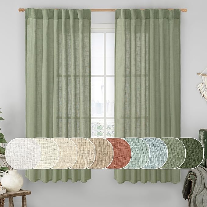 Sage Green Linen Curtains 63 Inch by LAMIT