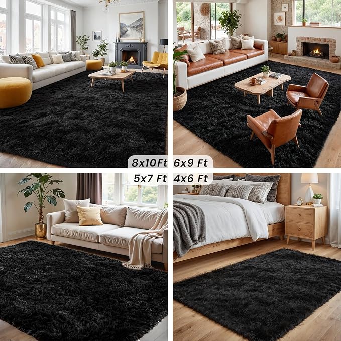 6x9 Fluffy Shag Area Rugs for Living Room Bedroom: Soft Plush Carpet Black | - Image 7