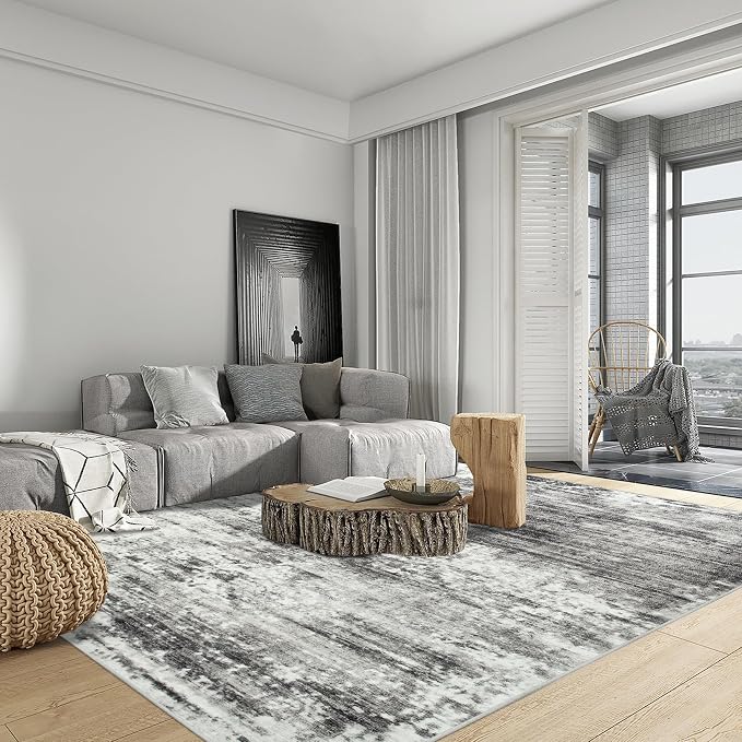 10x14 Area Rugs for Living Room: Washable Abstract Black Grey Carpet | Non-slip - Image 3