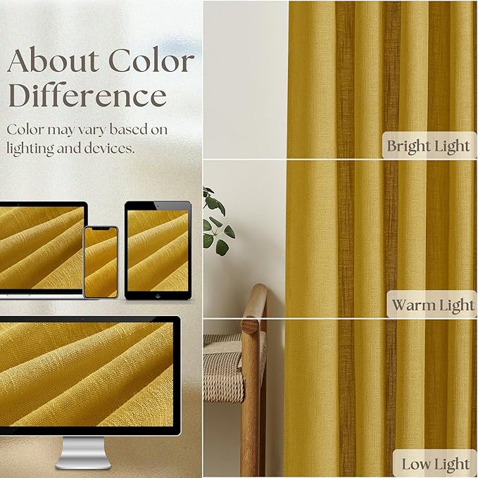 Pinch Pleated Mustard Yellow Linen Curtains 84 Inches Long 2 Panels Set | - Image 4