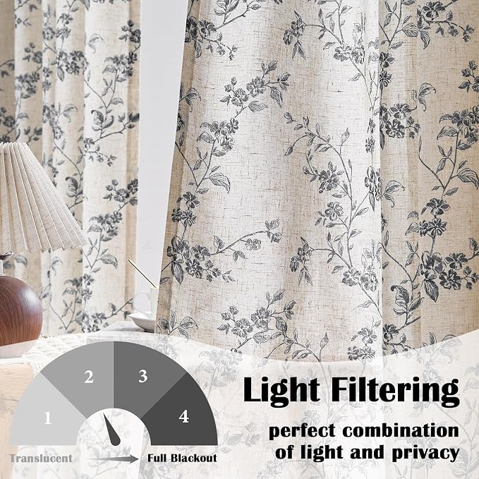 Extra Long Black Vintage Floral Linen Curtains Farmhouse 2 Panels | Elisa Series - Image 4