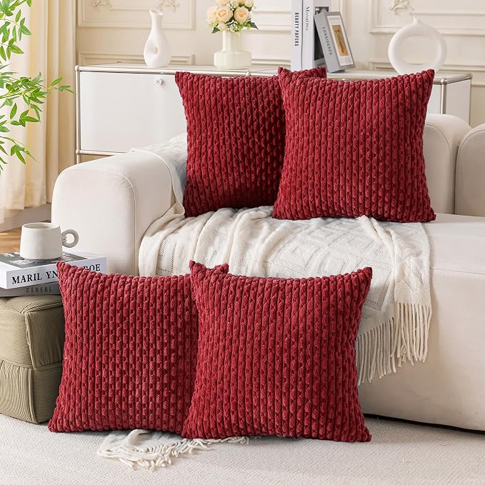 Set of 4 Burgundy Decorative Throw Pillow Covers 20x20 Inch Corduroy Pillow by Cozoomy