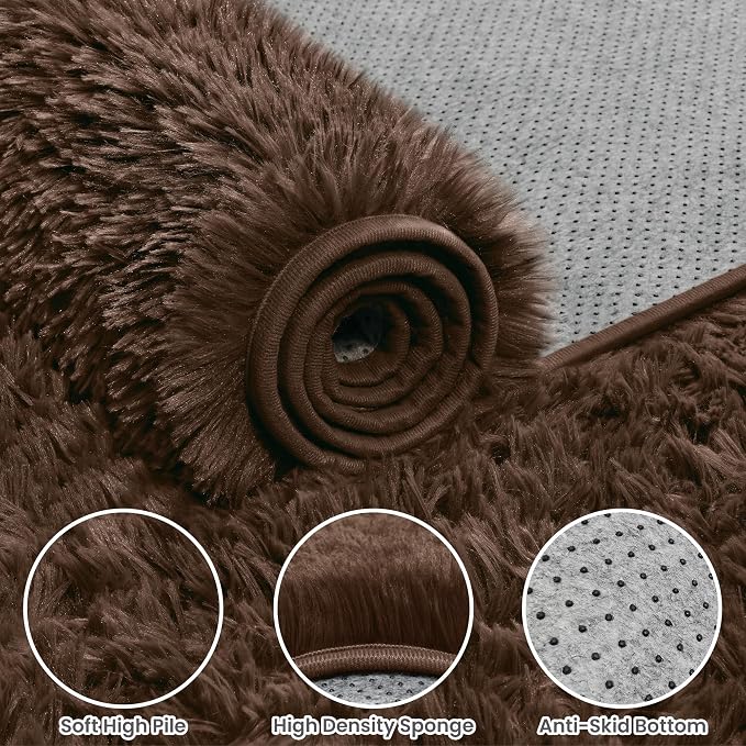 4x6 Fluffy Shag Area Rugs for Living Room Bedroom: Soft Plush Carpet Brown | - Image 6