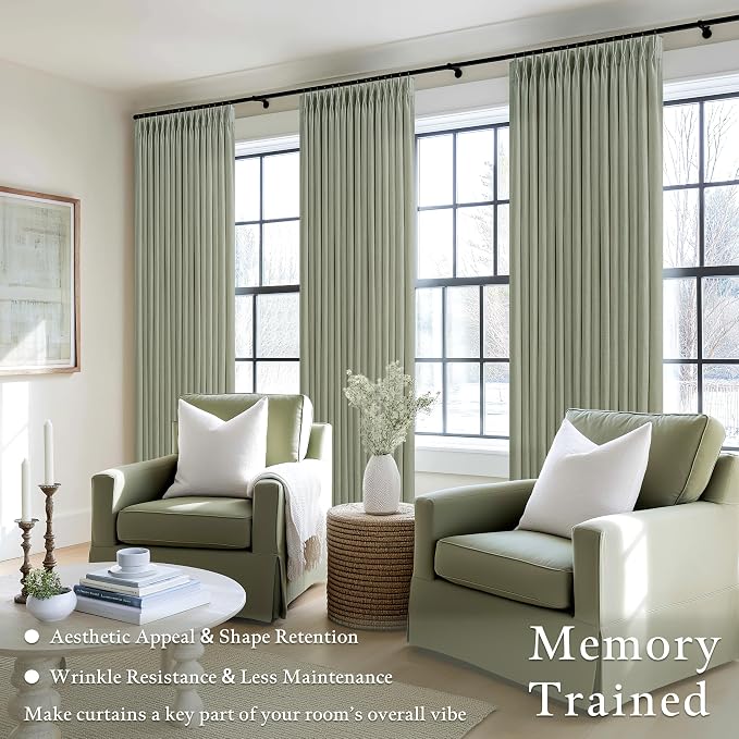 Pleated Memory Shaped Sage Green Linen Semi Sheer Curtains 50 by 80 Inch | - Image 2