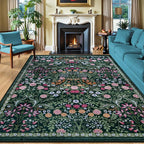 PLHXFR Area Rug 9x12 Living Room: Floral Washable Boho Carpet Dark Green | by PLHXFRSoftAreaRugs