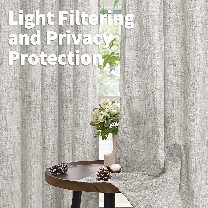 YoungsTex Light Grey Linen Semi Sheer Curtains 54 Inch Length 2 Panels | Light - Image 3