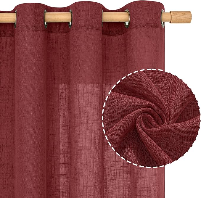 90 inch Red Linen Curtains for Living Room 2 Panels, Light Filtering Christmas - Image 2