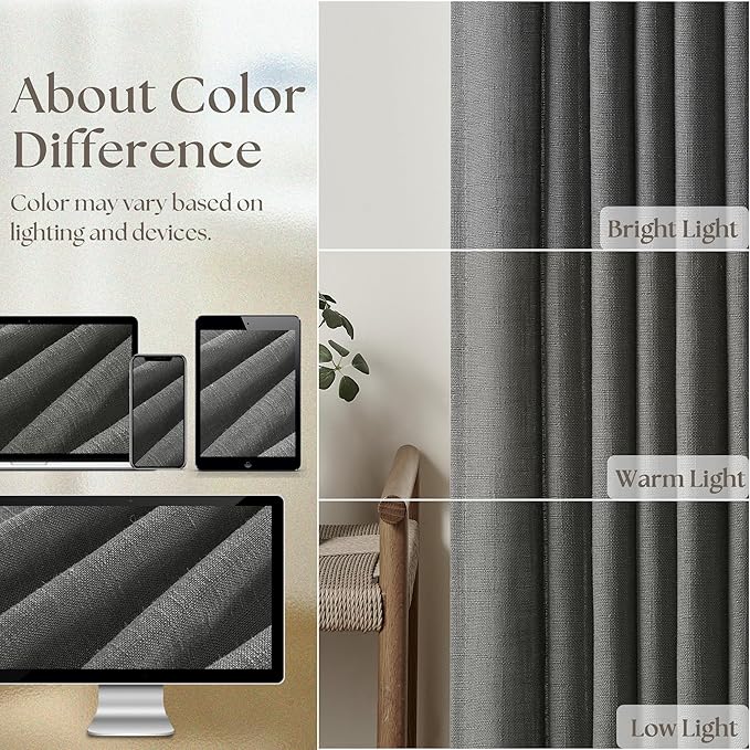 Dark Grey 80 Inch Pinch Pleated Linen Semi Sheer Curtains 2 Panel Set | - Image 4