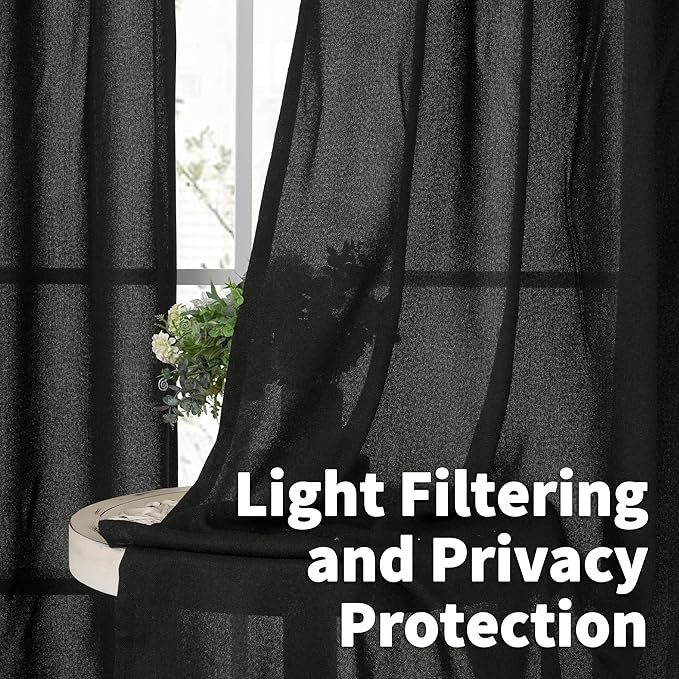 YoungsTex Black Linen Semi Sheer Curtains 63 Inch Length 2 Panels | Bronze - Image 2