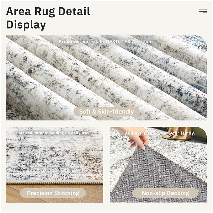 Soalmost 7x10 Area Rug for Living Room Washable Rugs Non-Slip Blue/Ivory | - Image 6
