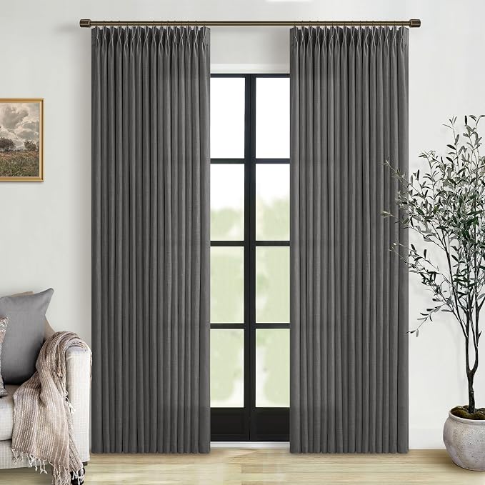 102 Inches Pinch Pleated Light Filtering Linen Charcoal Grey Curtains 50W | by Twodrapes