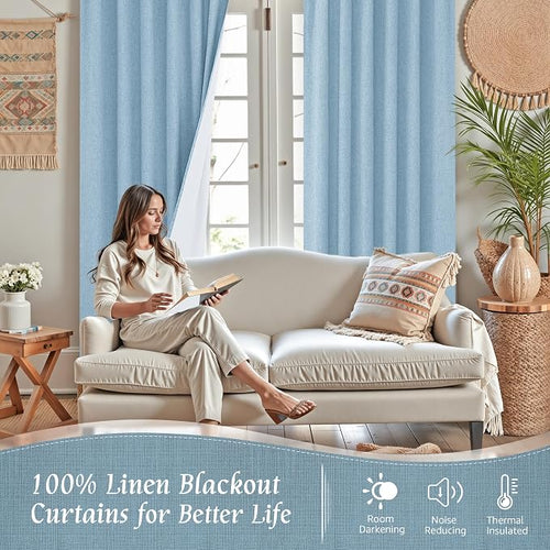 100% Blackout Stone Blue Linen Curtains 63 Inches - Image 2