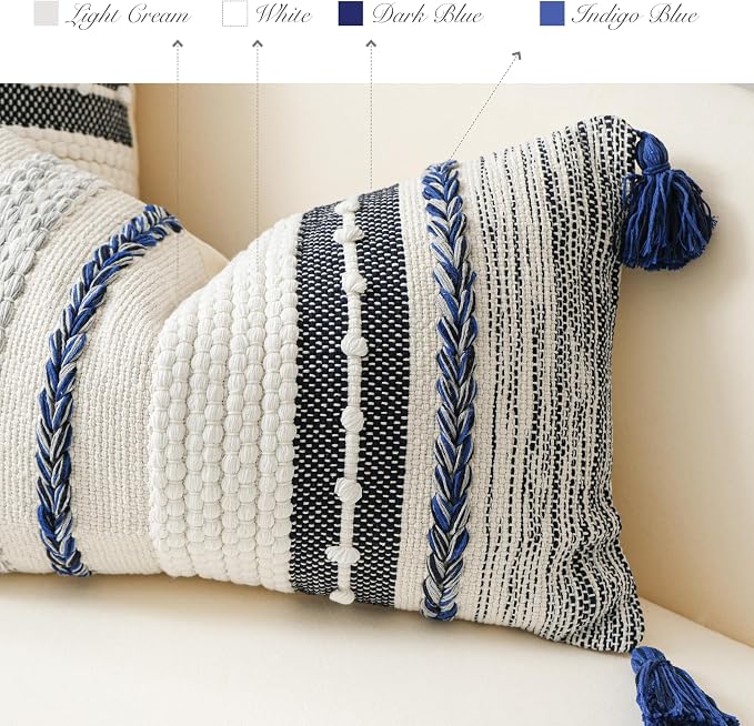 Decorative Lumbar Throw Pillow Cover 14x24 Boho Dark Blue Accent Cushion - Image 3