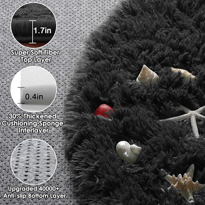Black Round Area Rug 4ft, Soft Bedroom Circle Rugs Floor Mats - Image 2