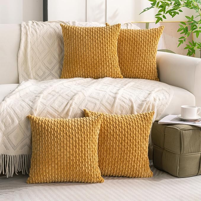 Set of 4 Mustard Yellow Decorative Throw Pillow Covers 16x16 Inch Corduroy - Image 9