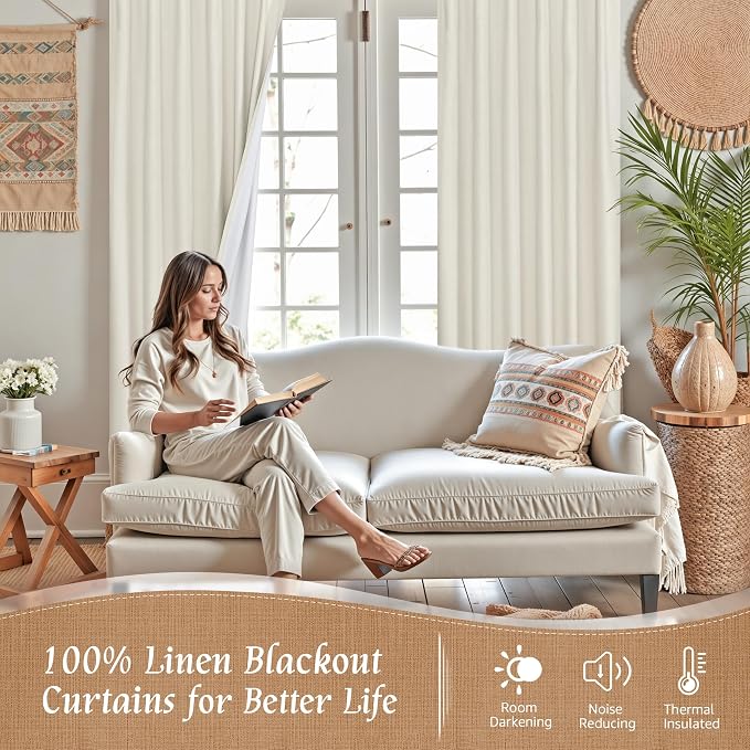 Natural 100% Blackout Linen Curtains 40 Inches 2 Panels, 42 x 40 Inch | Linen - Image 3